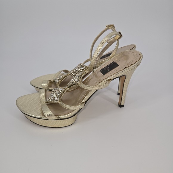Glint Gold Rhinestone Platform Sandals Women's 8.5M Leather Heels Rhinestone Ver - Picture 3 of 9